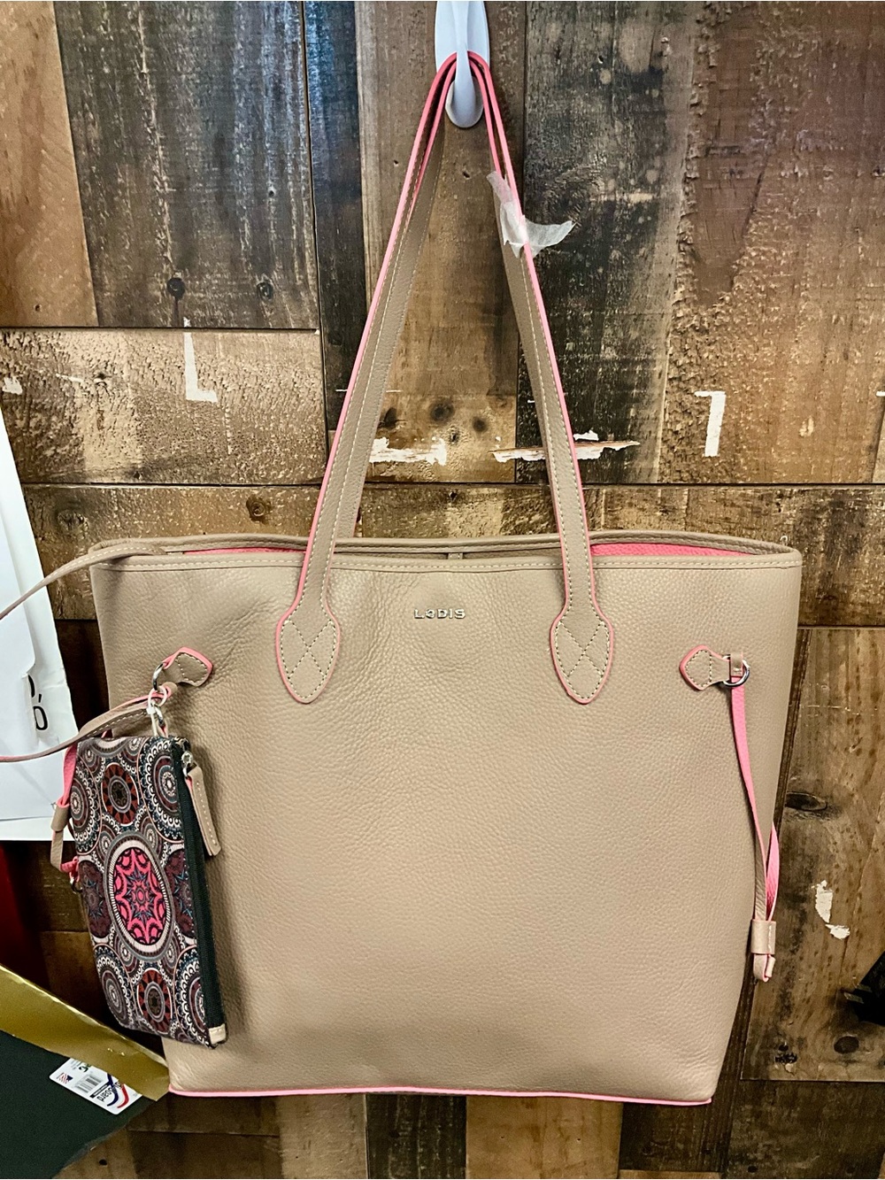 Lodis Beige Leather Tote with Pink Trim and Detachable Patterned Pouch